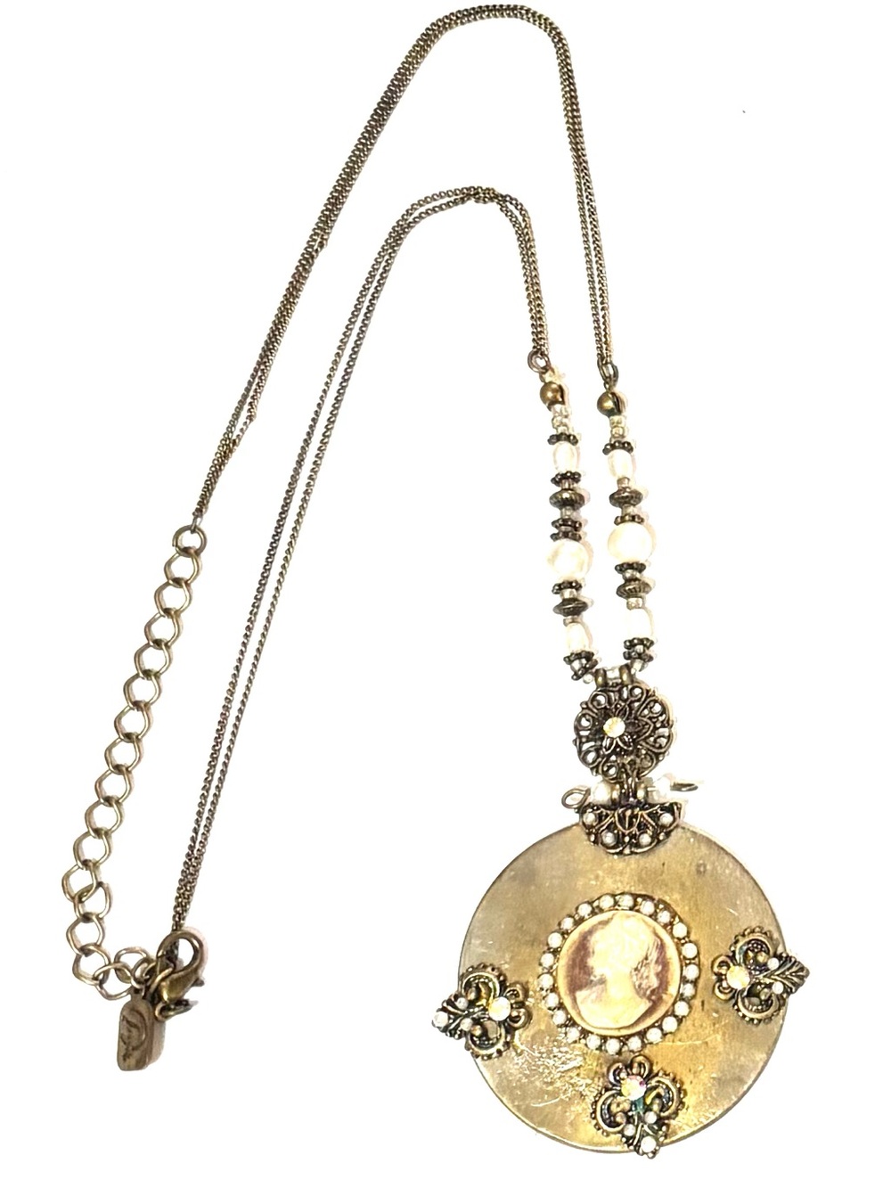 Vintage Gold Medallion Pendant Necklace with Cream Beads - Vantage